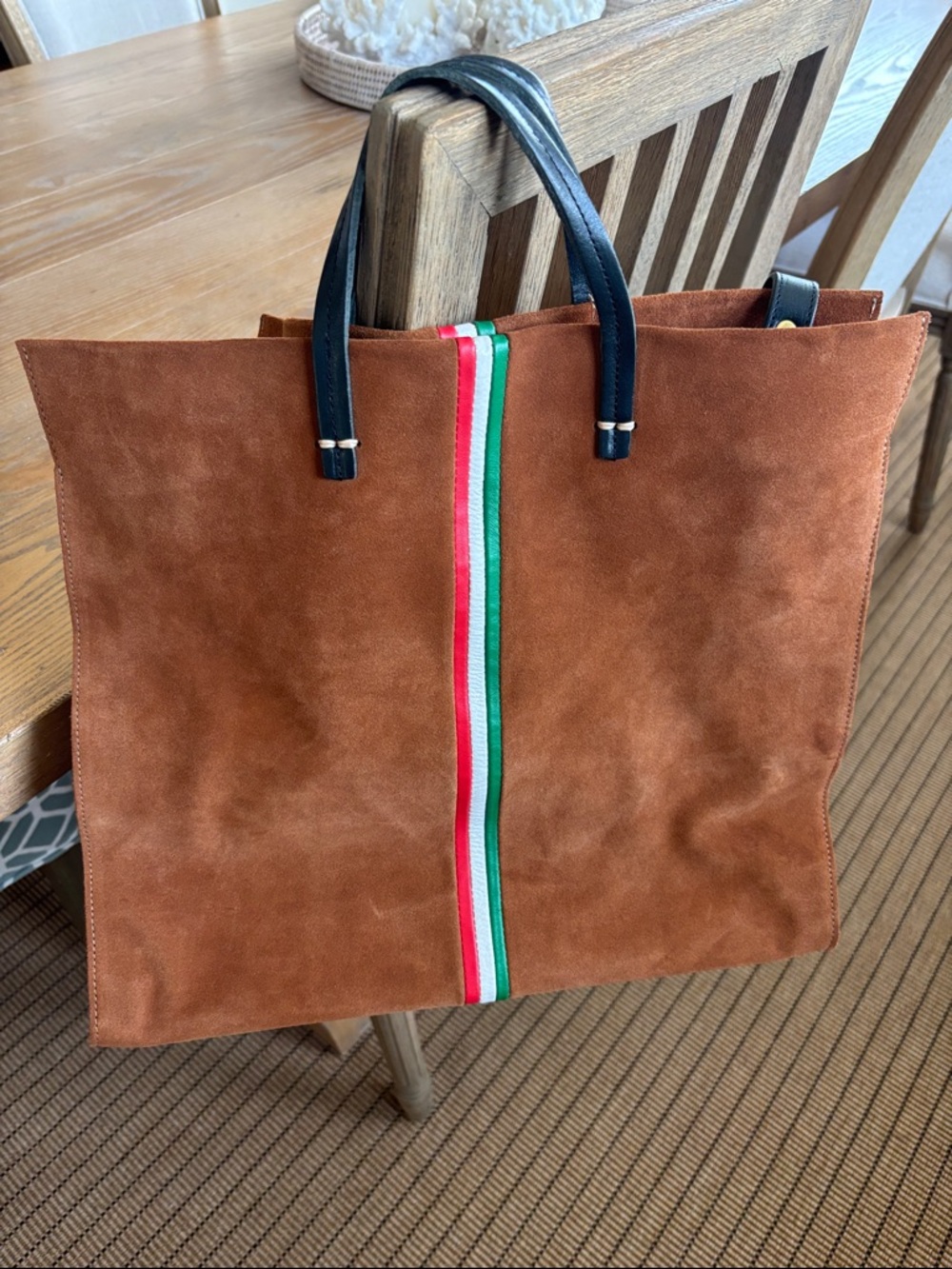 Clare V. Simple Tote Brown Suede with Tricolor Center Stripe
